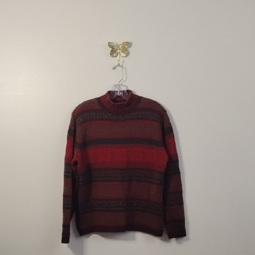 Vintage Talbots Festive Holiday Beaded Reindeer Print  Turtle Neck Sweater